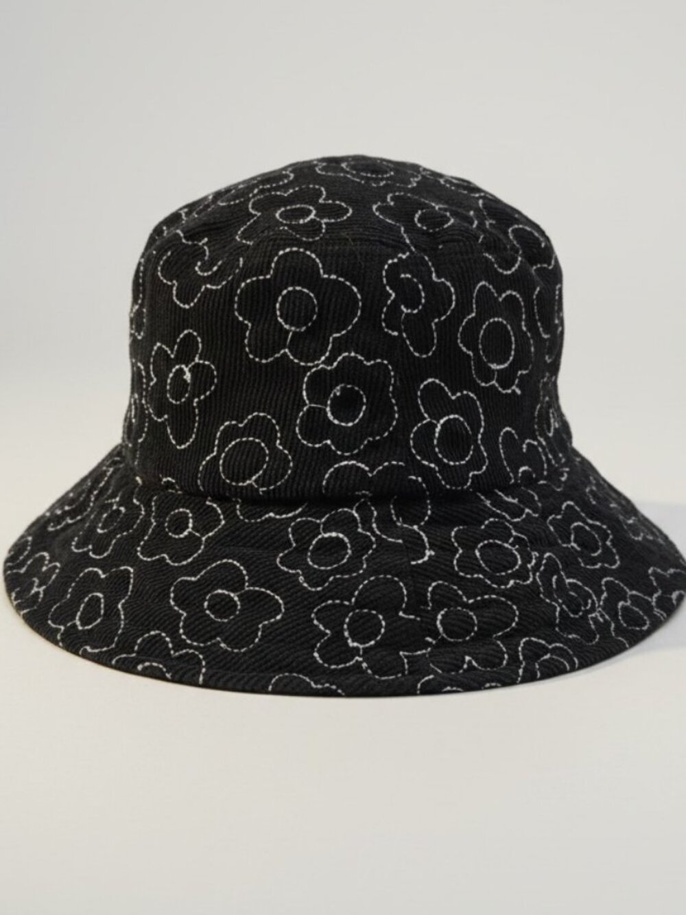 Black Corduroy Floral Bucket Hat White Stitch Daisy Dark Academia Goth Festival